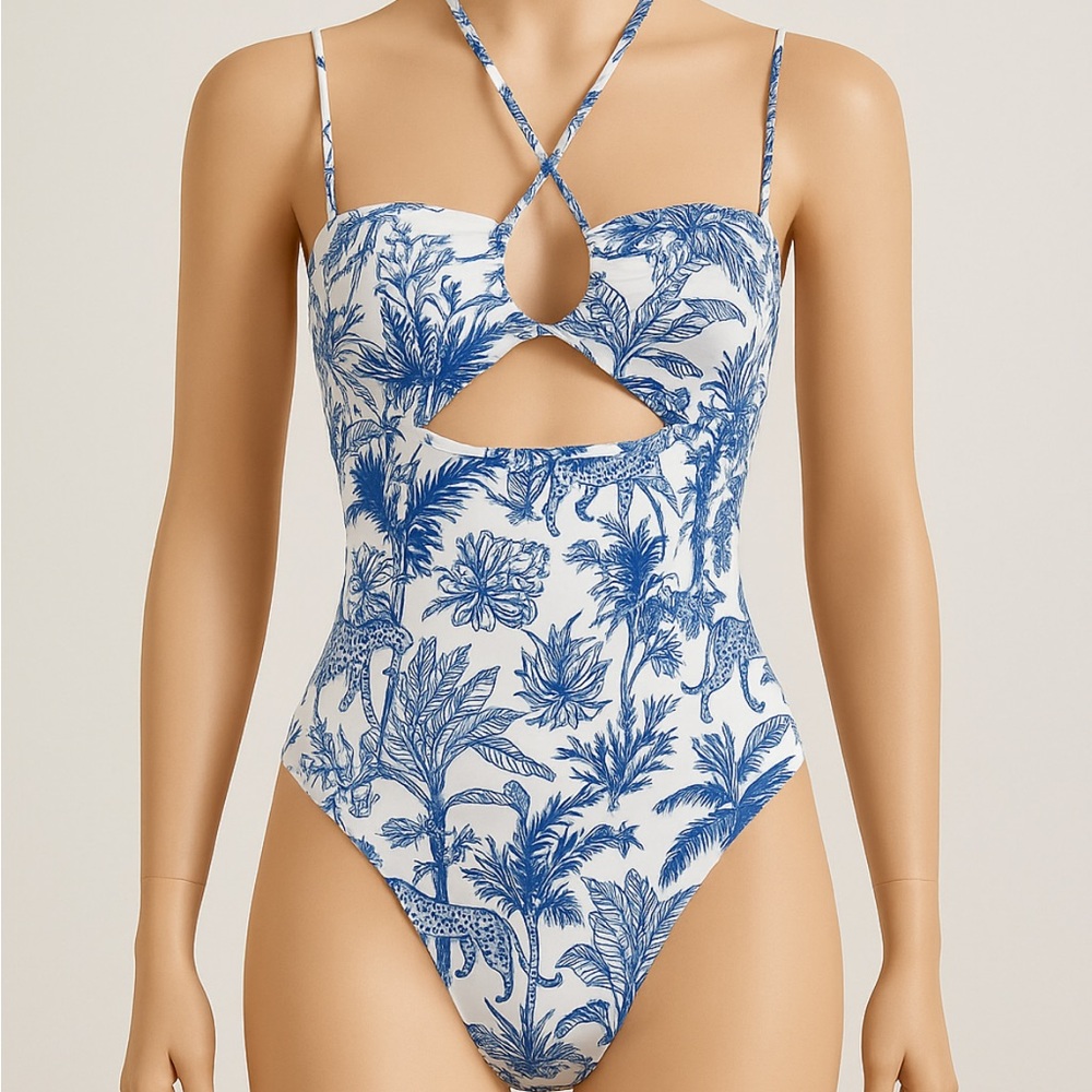 Blue & White Tropical Print Cutout Bodysuit (M)